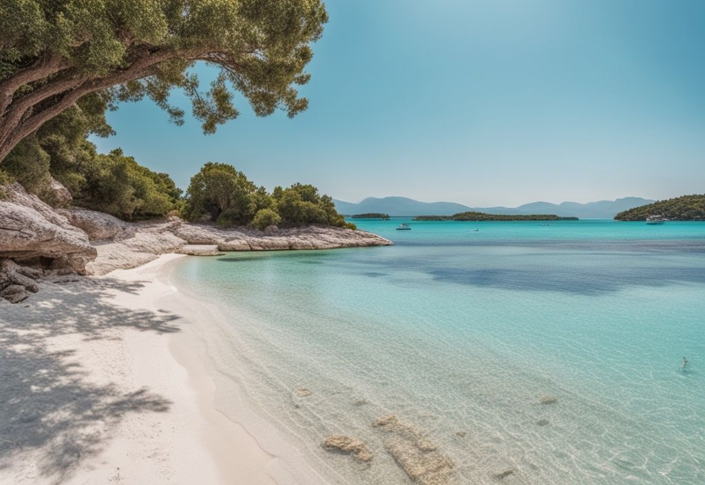 Vista serena de la hermosa playa de Ksamil, Albania, con aguas turquesas cristalinas, arena blanca y algunas islas dispersas en la distancia bajo un cielo azul claro.