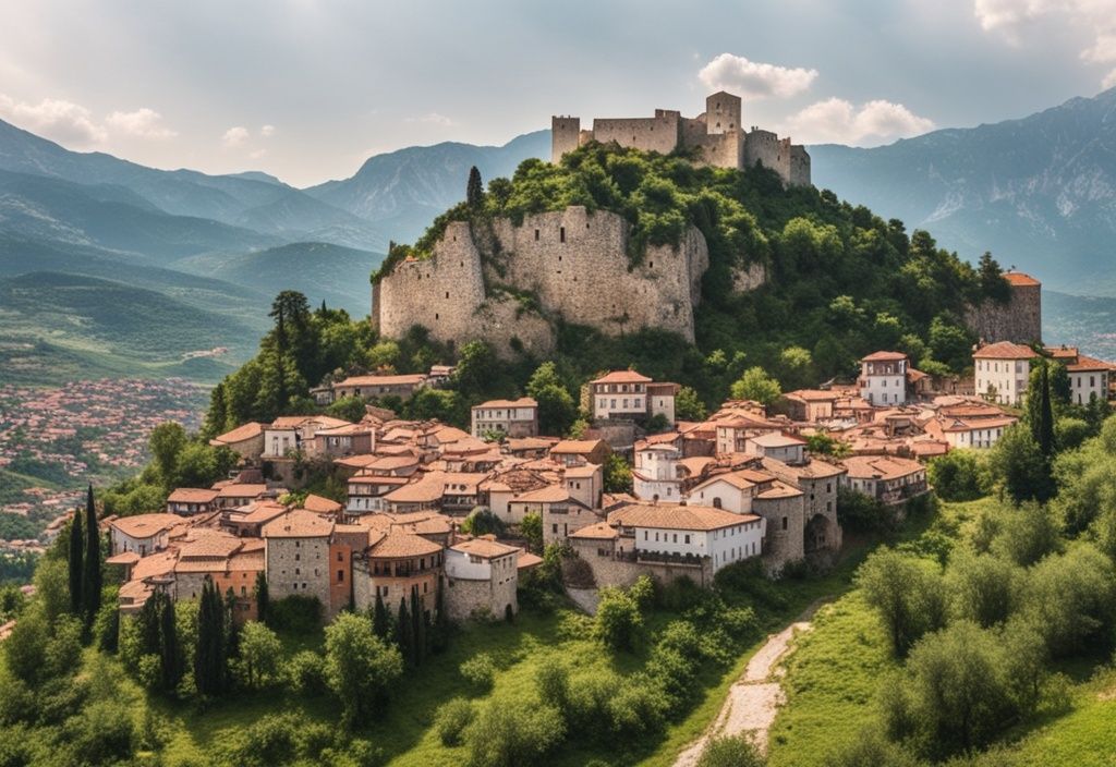 Vista panorámica de la histórica ciudad de Kruje, Albania, con el antiguo castillo en una colina, casas tradicionales y el paisaje montañoso circundante.