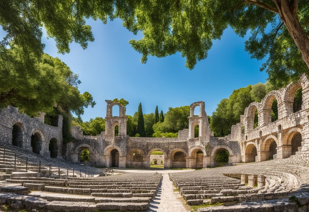 Anfiteatro antiguo en Butrinto, Albania rodeado de vegetación exuberante y cielos azules.