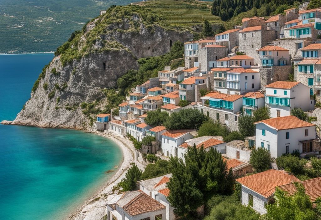 Vista panorámica de la ciudad costera de Himare, Albania, con casas tradicionales en una ladera, el mar turquesa en primer plano y montañas al fondo.