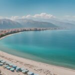 Vista panorámica de Vlore Albania con mar azul, playas de arena y ciudad con montañas al fondo durante el día