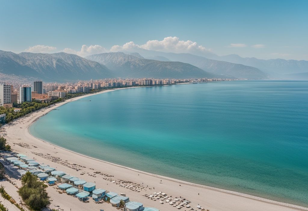 Vista panorámica de Vlore Albania con mar azul, playas de arena y ciudad con montañas al fondo durante el día