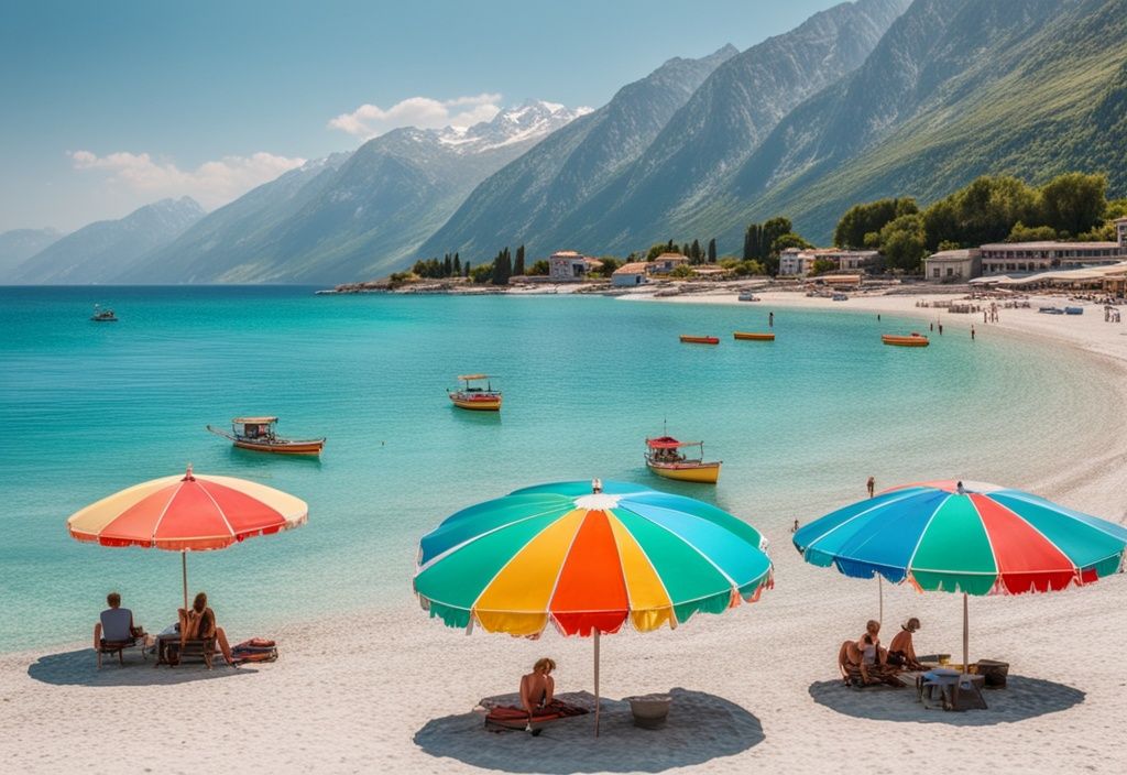 Playa pintoresca en Albania con aguas turquesas cristalinas, arena blanca, montañas imponentes, turistas relajándose bajo sombrillas coloridas y un bote tradicional albanés flotando cerca de la orilla.