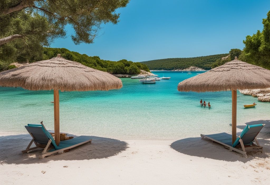 Playa serena en Ksamil, Albania, con aguas turquesas, arena blanca y parasoles dispersos bajo un cielo azul claro.